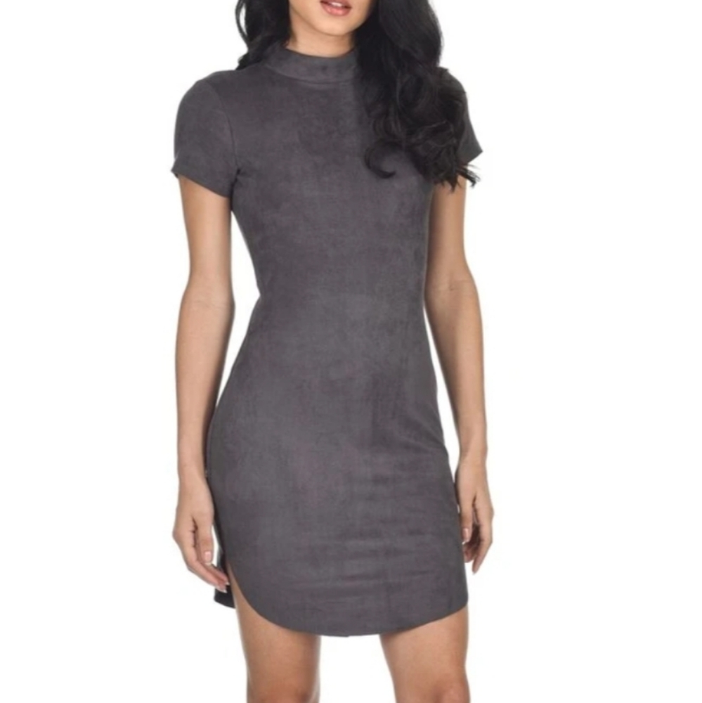 AX Paris Faux Suede High Neck Mini Dress in Grey